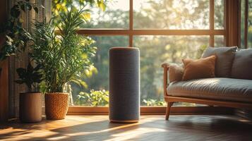 A smart speaker in a living room with a window photo
