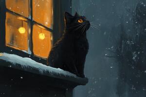A painting of a black cat sitting on a window ledge photo