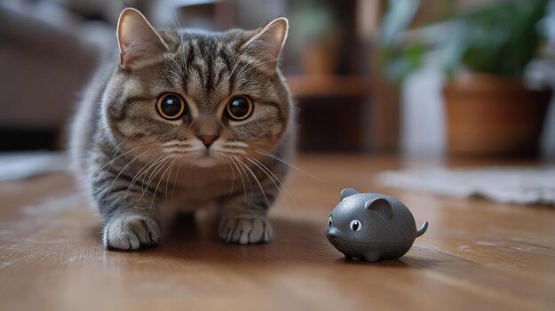 A cat looking at a toy mouse on the floor photo