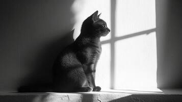 un negro y blanco foto de un gato sentado en un ventana umbral