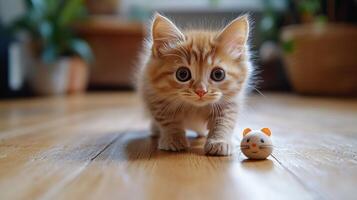 A small kitten walking towards a toy mouse photo