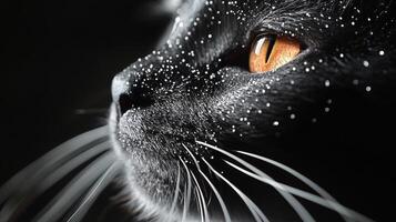 Black cat with orange eyes and droplets of water on its face photo