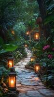 A path in the jungle with lanterns and plants photo