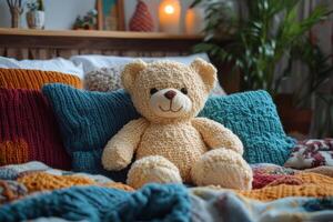 A teddy bear sits on a bed with colorful pillows photo