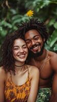 A young couple smiling in the jungle photo