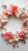 A wreath of flowers is arranged on a white surface photo