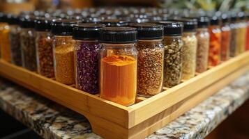 A wooden tray with many jars of spices photo