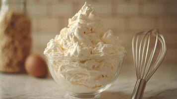 A bowl of whipped cream next to a whisk photo