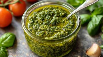 A jar of pesto with a spoon and tomatoes photo