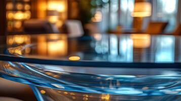 A glass table with a reflection of a room photo