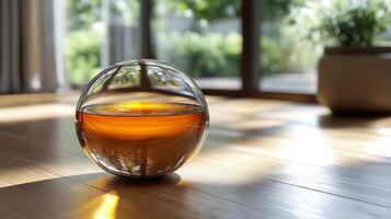 A glass of liquid sitting on a wooden floor photo