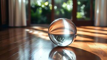 A glass ball sitting on the floor in front of a door photo