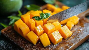 A knife cutting into pieces of mango photo