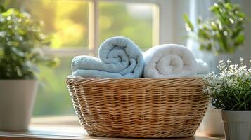 A basket with towels sitting on a window sill photo