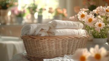 A basket with towels and flowers on a table photo