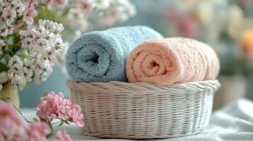 Two towels in a basket with flowers photo