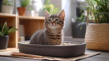 A kitten sitting in a cat litter box photo