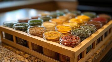 A wooden tray filled with jars of spices photo
