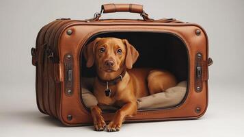 A dog sitting in a brown leather suitcase photo