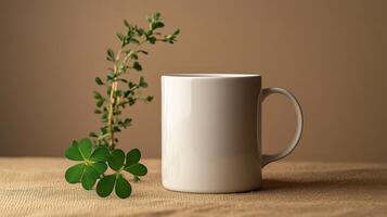 A mug and a clover on a table photo