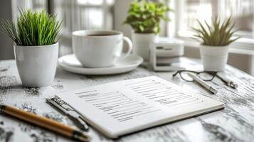 A notebook with a pen, coffee cup and plant on a wooden table photo