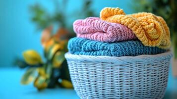 A basket with colorful towels in it photo