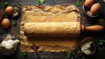 Rolling pin with dough on a wooden table photo
