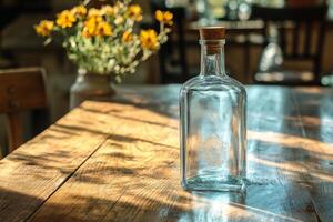 A bottle sitting on a table with yellow flowers in the background photo