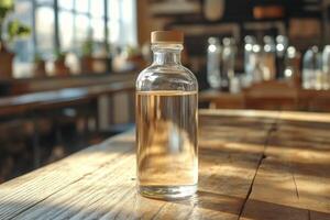 A glass bottle on a wooden table photo