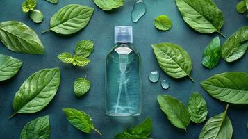 A bottle of water surrounded by green leaves photo