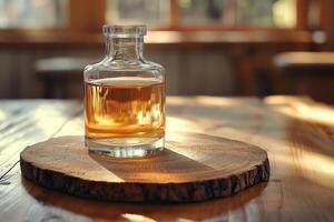A bottle of whiskey sitting on a wooden table photo