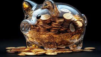 Golden piggy bank with coins on black background photo