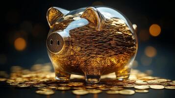 A piggy bank with gold coins on a dark background photo