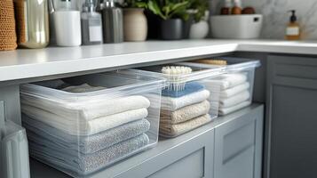 A kitchen counter with towels and a sink photo