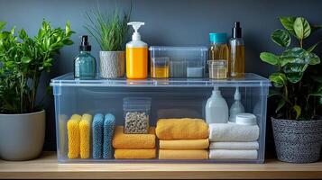 A shelf with towels, soap, and other items photo