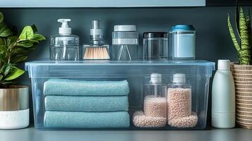 A bathroom shelf with various items photo