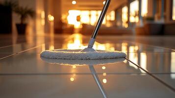 A mop on a tile floor with a person in the background photo
