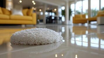 A white fluffy ball on the floor in a living room photo