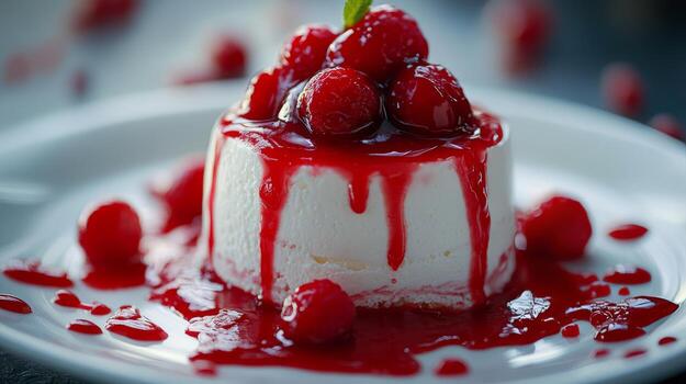 A dessert with raspberry sauce on top photo
