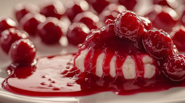 A dessert with raspberry sauce on top photo