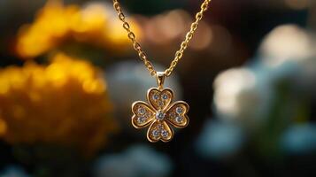 A gold necklace with a four leaf clover on it photo