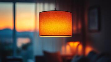 A lamp is lit in a room at sunset photo