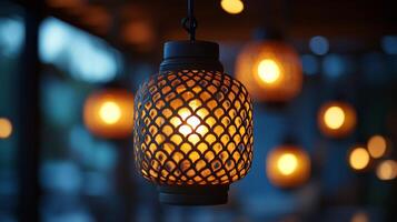 A close up of a hanging lamp with lights photo