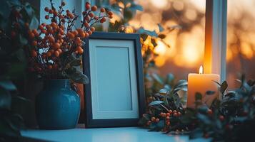 A framed photo and a candle on a window sill at sunset