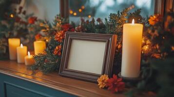 Candles and frame on mantel with christmas decorations photo