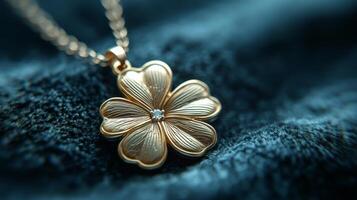 A gold flower pendant with a diamond in the center photo
