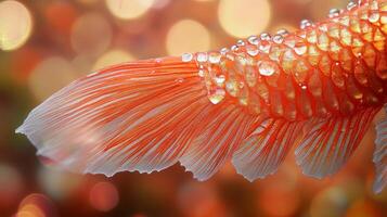 A close up of a fish with water droplets on its tail photo