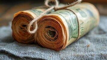 A roll of money wrapped in twine photo