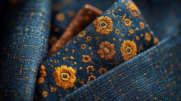 A close up of a blue and gold pocket square photo