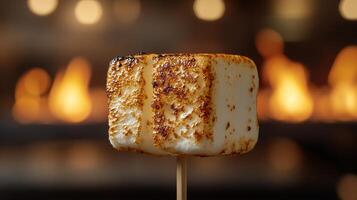 A marshmallow on a stick in front of a fire photo
